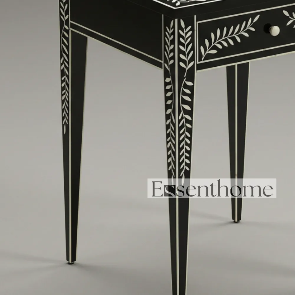 Black & White Bone Inlay Stool with Drawer – Handcrafted - Image 4