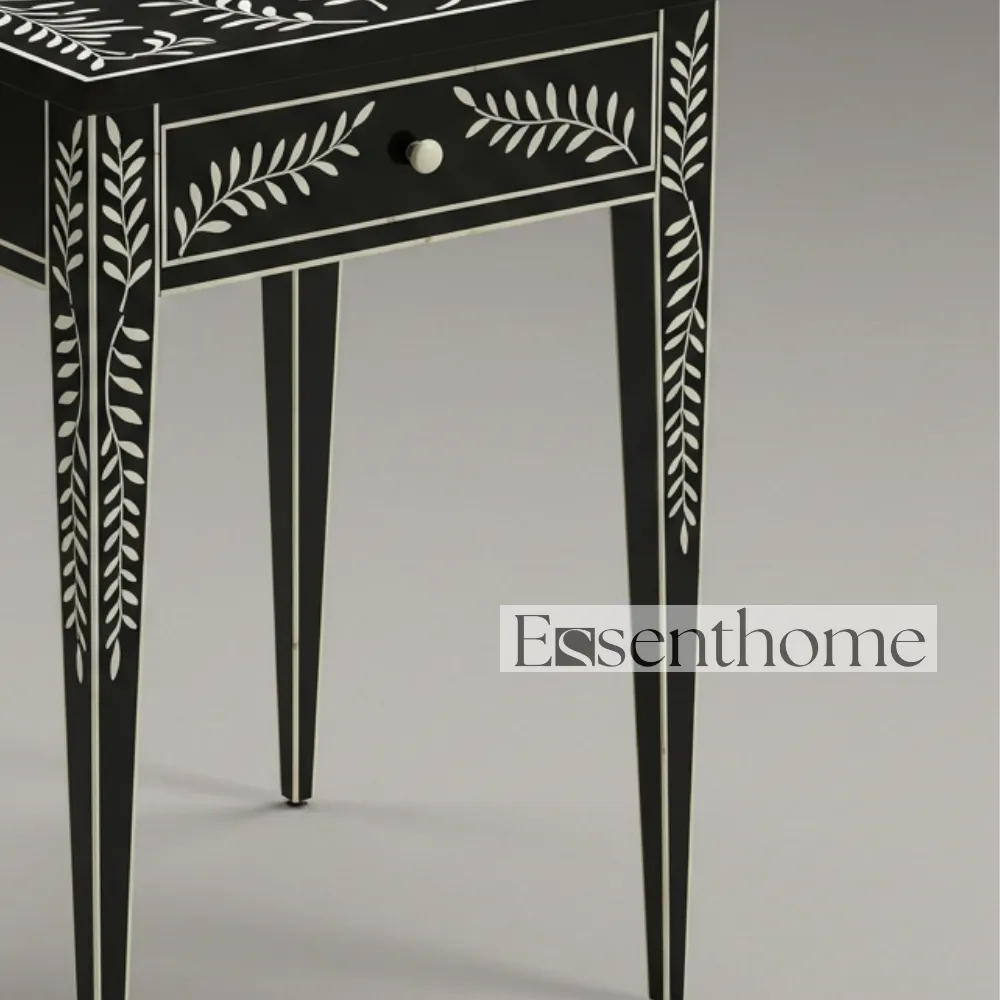 Black & White Bone Inlay Stool with Drawer – Handcrafted - Image 5