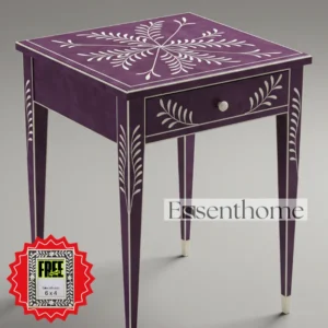 Purple & White Bone Inlay Side Table with Drawer – Handcrafted