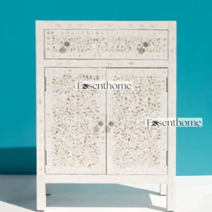 Handmade Bone Inlay Entryway Cabinet with Floral Pattern – White Accent Storage Furniture